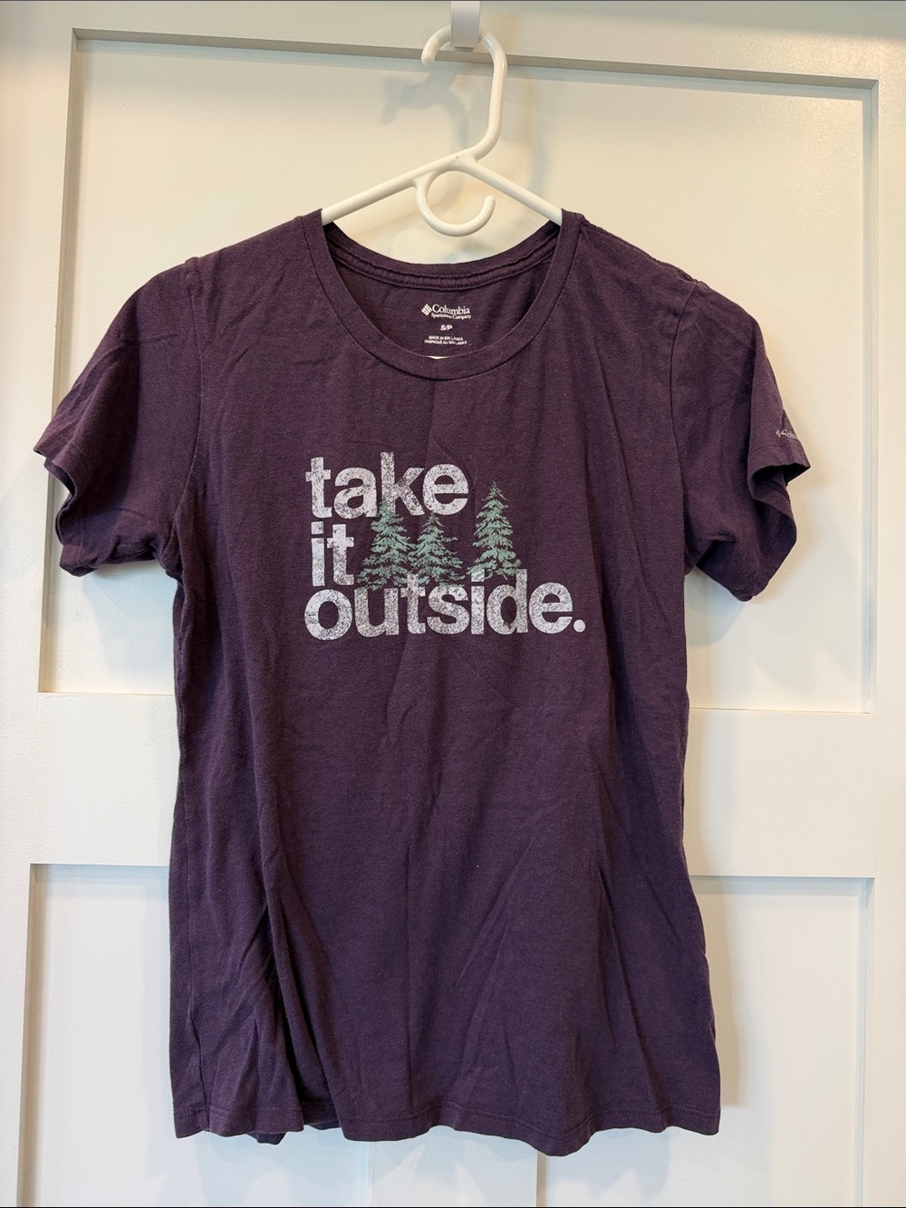 Columbia Women's Short Sleeve Tee in Plum with White & Green Graphic